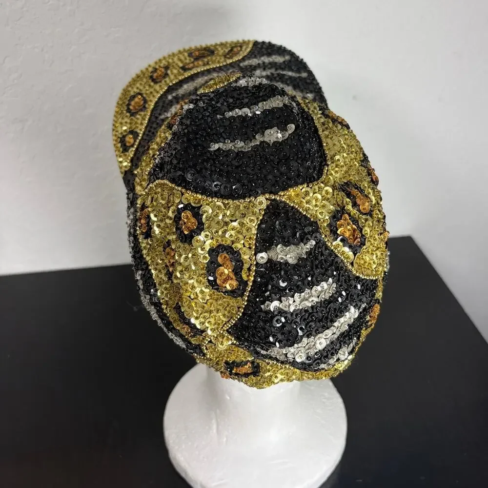 Vintage All Sequin 90s maximalist Animal Print Design Baseball Hat Zebra Cheetah - Picture 4 of 6